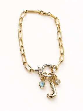 Michelle McDowell Gold Tone J Initial Charm Bracelet Rhinestone Opal Crystal